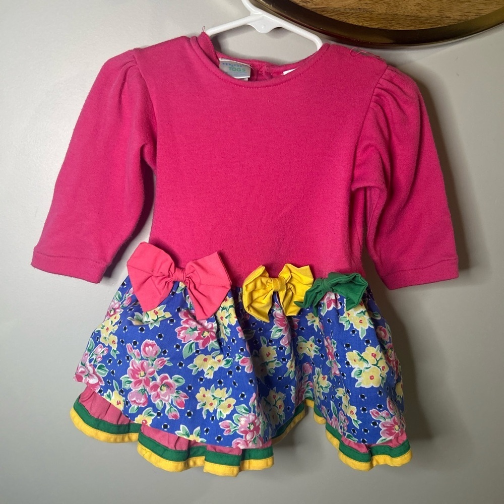 Vintage Pink Dress with Floral Skirt and Bows 18 Months